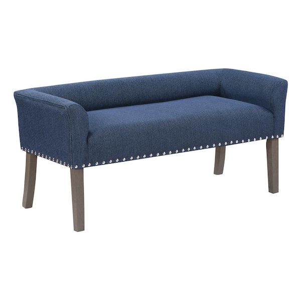 OSP Home Furnishings Marybeth Mid-Century Modern Upholstery Bedroom Bench in Indigo Fabric with Grey Wash Finish Legs