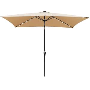 10 x 6.5ft.Steel Solar LED Lighted Market Umbrella with Crank&Push Button Tilt for Garden Backyard Pool in Khaki