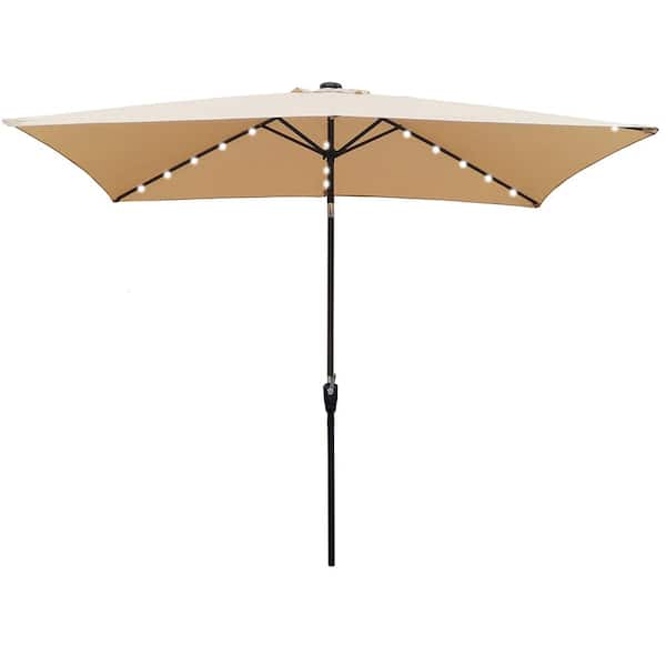 Unbranded 10 x 6.5ft.Steel Solar LED Lighted Market Umbrella with Crank&Push Button Tilt for Garden Backyard Pool in Khaki