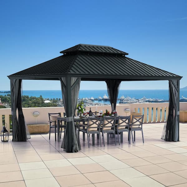 12 ft. x 16 ft. Dark Gray Aluminum Hardtop Gazebo with Double Roof Canopy, Gray Curtains and Netting