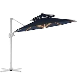 12 ft. 2 Tiers Aluminum Patio Offset Umbrella Cantilever Umbrella, Center light and Strip Lights in Navy Blue
