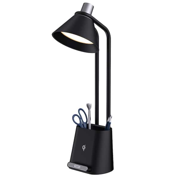 Moorefield 16 in. Black Dimmable LED Desk Lamp with Storage Compartment and Qi Wireless Charging