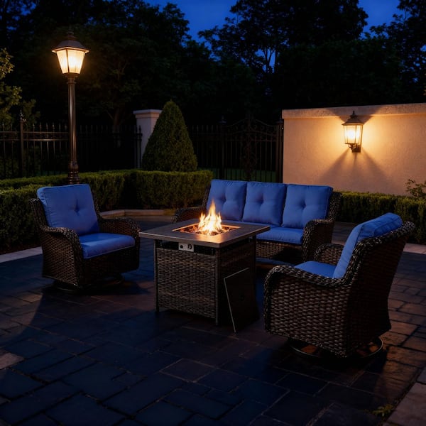 4-Piece Brown Wicker Patio Conversation Set, Sofa, Outdoor Swivel Chairs and Fire Pit Table with Blue Cushions