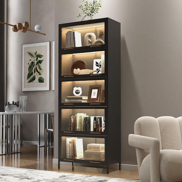 LED Lights Black 78.75 in. H Steel Storage Display Cabinet, Barister Bookcase with 5-Tier Shelves, Tempered Glass Doors