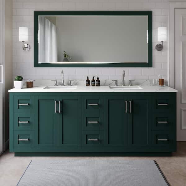 Wyndham Collection Miranda 84 in. W x 22 in. D x 33.75 in. H Double Bath Vanity in Green with Giotto quartz Top and 70 in. Mirror