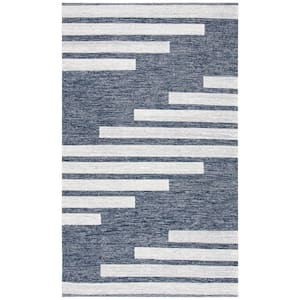 Striped Kilim Navy Ivory Doormat 3 ft. x 5 ft. Abostract Striped Area Rug