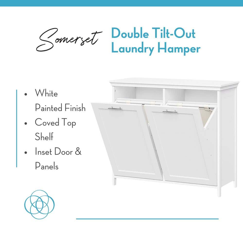 White Double Tilt-Out Laundry Hamper Cabinet with Cloth Bags