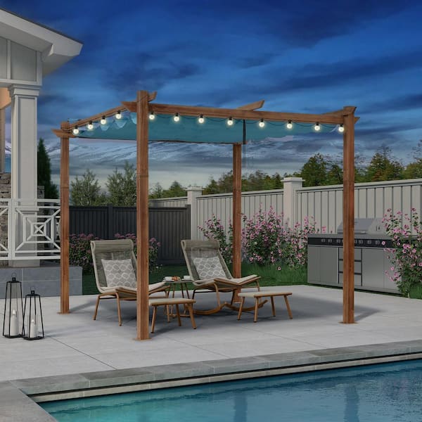 PURPLE LEAF 10 ft. x 10 ft. Natural Wood Grain Pergola with Turquoise Blue Retractable Sun Shade Canopy Extra Roof and String Lights