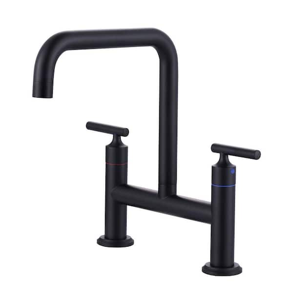 8 in. Centerset Double Handle Brass Bridge Kitchen Faucet with Sink Hole Cover in Matte Black