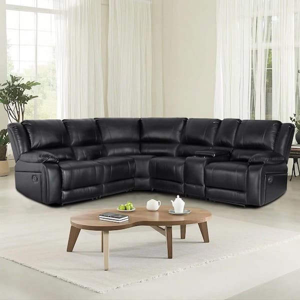 109 in. 6 Pieces Modular Modern Contemporary Faux Leather Manual Recliner Sectional Sofa in Black