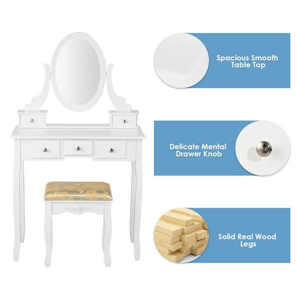5-Drawer Vanity Table Set Dressing Table Set Make Up Table and Stool Set White