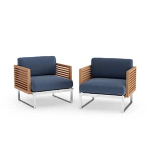 Monterey 2 Piece Stainless Steel Teak Outdoor Patio Lounge Chair with Spectrum Indigo Cushions