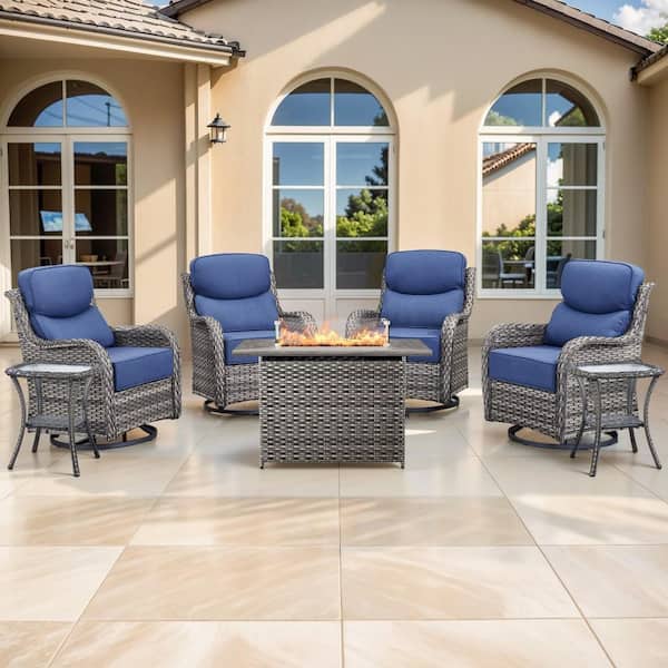 NovaSwivel 7-Piece Gray Wicker Patio Conversation Set Outdoor Fire Pit with 6 in. Blue Cushions and Swivel Gliders