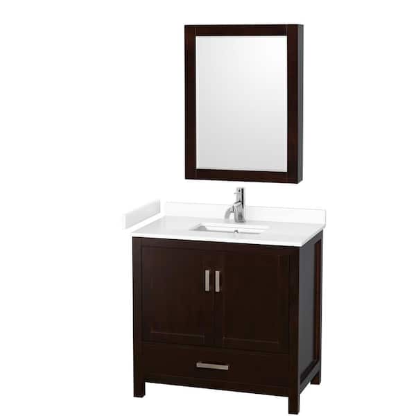 Wyndham Collection Sheffield 36 in. W x 22 in. D x 35 in. H Single Bath Vanity in Espresso with White Cultured Marble Top and MC Mirror