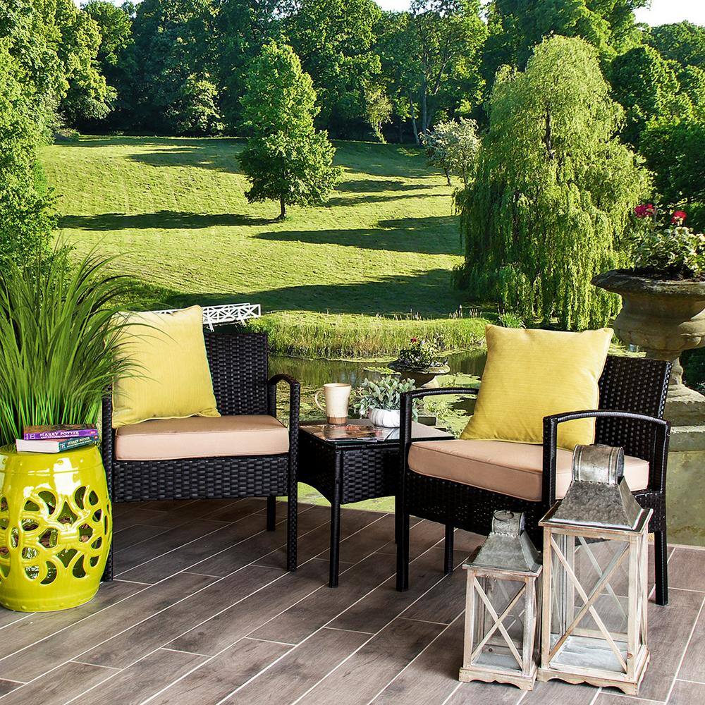 Black Steel Frame 3-Piece Patio Set with Beige Cushions and Glass Table