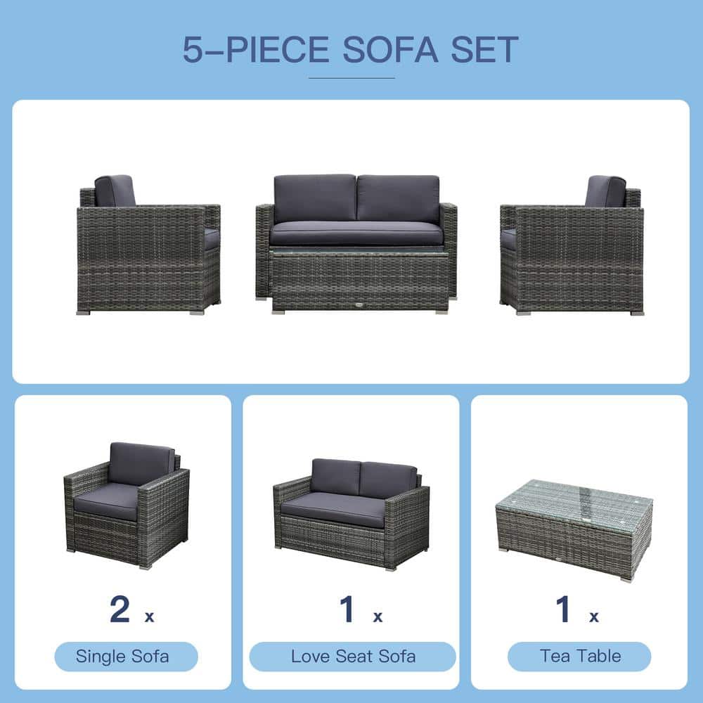 Gray 4-Piece Rattan Wicker Outdoor Furniture Set with Cushions
