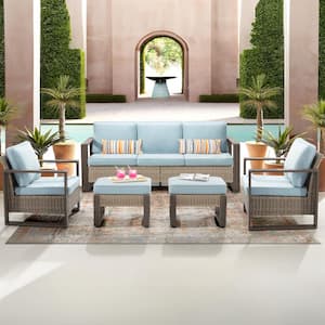 5-Piece Patio Wicker Outdoor Conversation Sectional Set with Steel Frame and Baby Blue Cushions