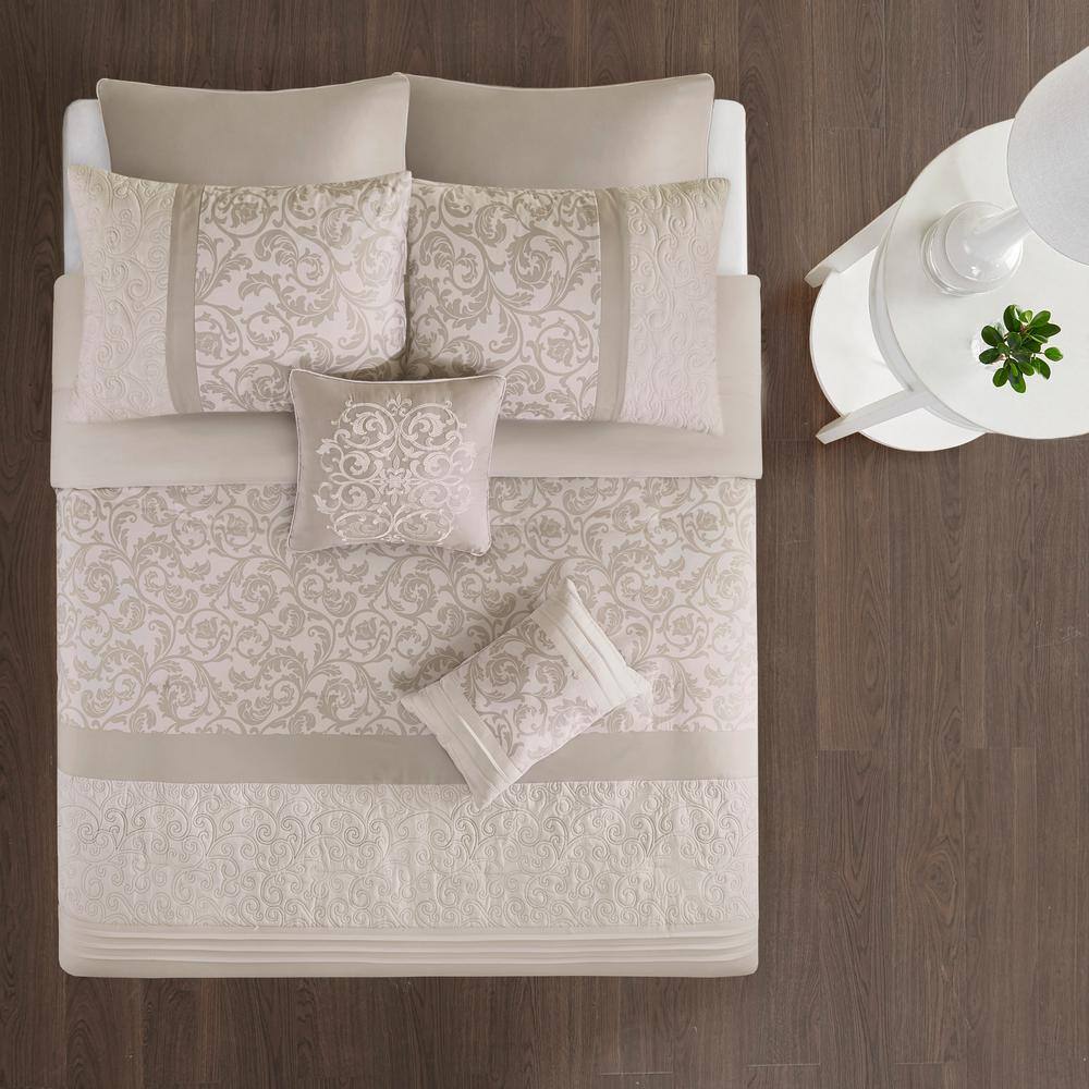 Queen Neutral Microfiber Embroidered 8-Piece Comforter Set