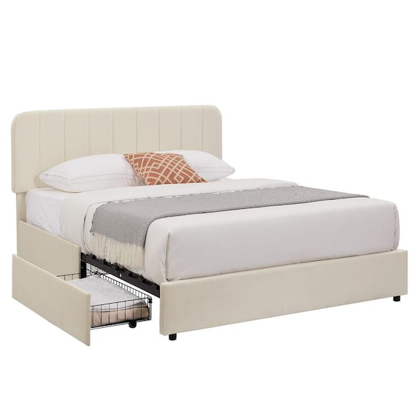 VECELO Upholstered Beige Metal Frame Queen Size Platform Bed Frame With ...