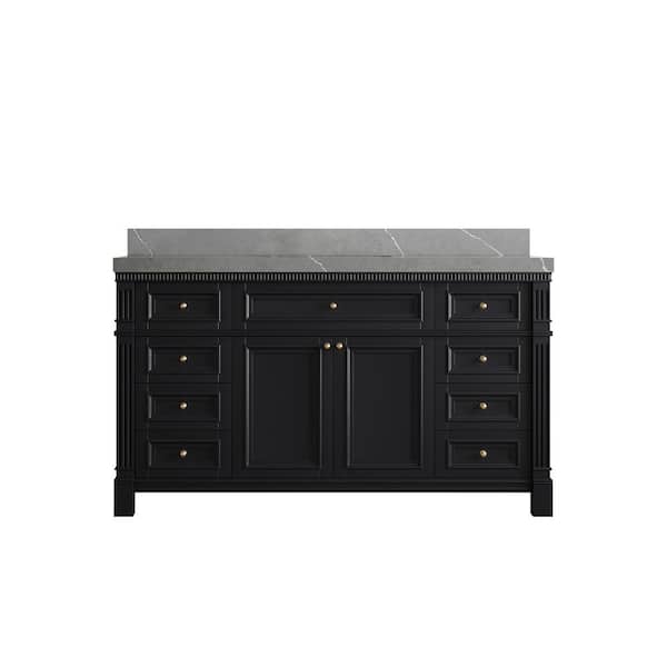 Willow Collections Paris 60 in. W x 22 in. D x 36 in. H Single Sink Bath Vanity in Black with 2 in. Piatra Gray qt. Top