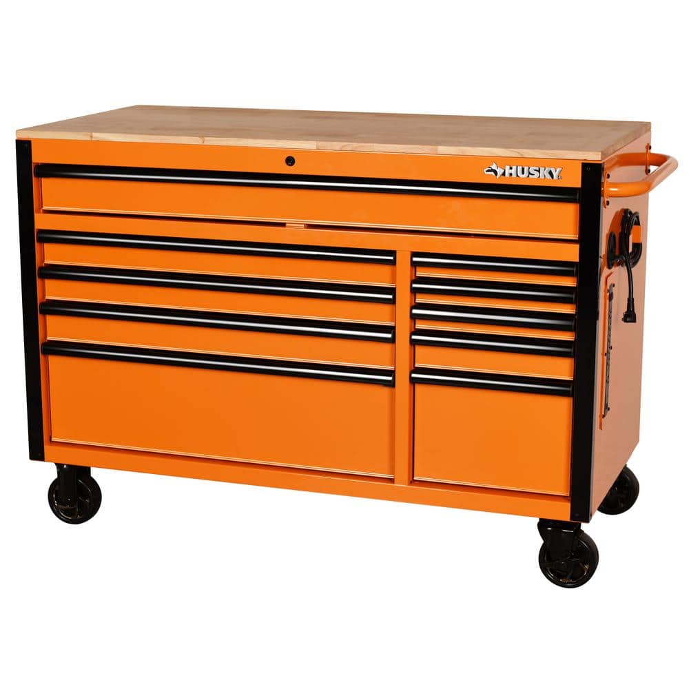 Husky 52 in. W x 24.5 in. D Standard Duty 10-Drawer Mobile Workbench Tool Chest with Solid Wood Work Top in Gloss Orange, Gloss Orange with Black Trim -  H52MWC10ORG