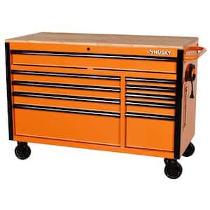 52 in. W x 24.5 in. D Standard Duty 10-Drawer Mobile Workbench Tool Chest with Solid Wood Work Top in Gloss Orange