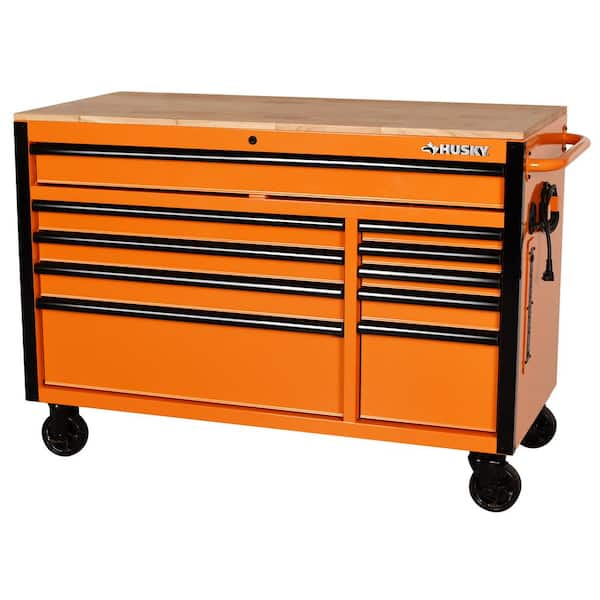 Husky 52 in. W x 24.5 in. D Standard Duty 10-Drawer Mobile Workbench Tool Chest with Solid Wood Work Top in Gloss Orange