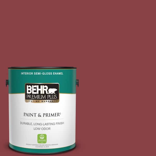 BEHR PREMIUM PLUS 1 gal. #BIC-34 Winning Red Semi-Gloss Enamel Low Odor Interior Paint & Primer