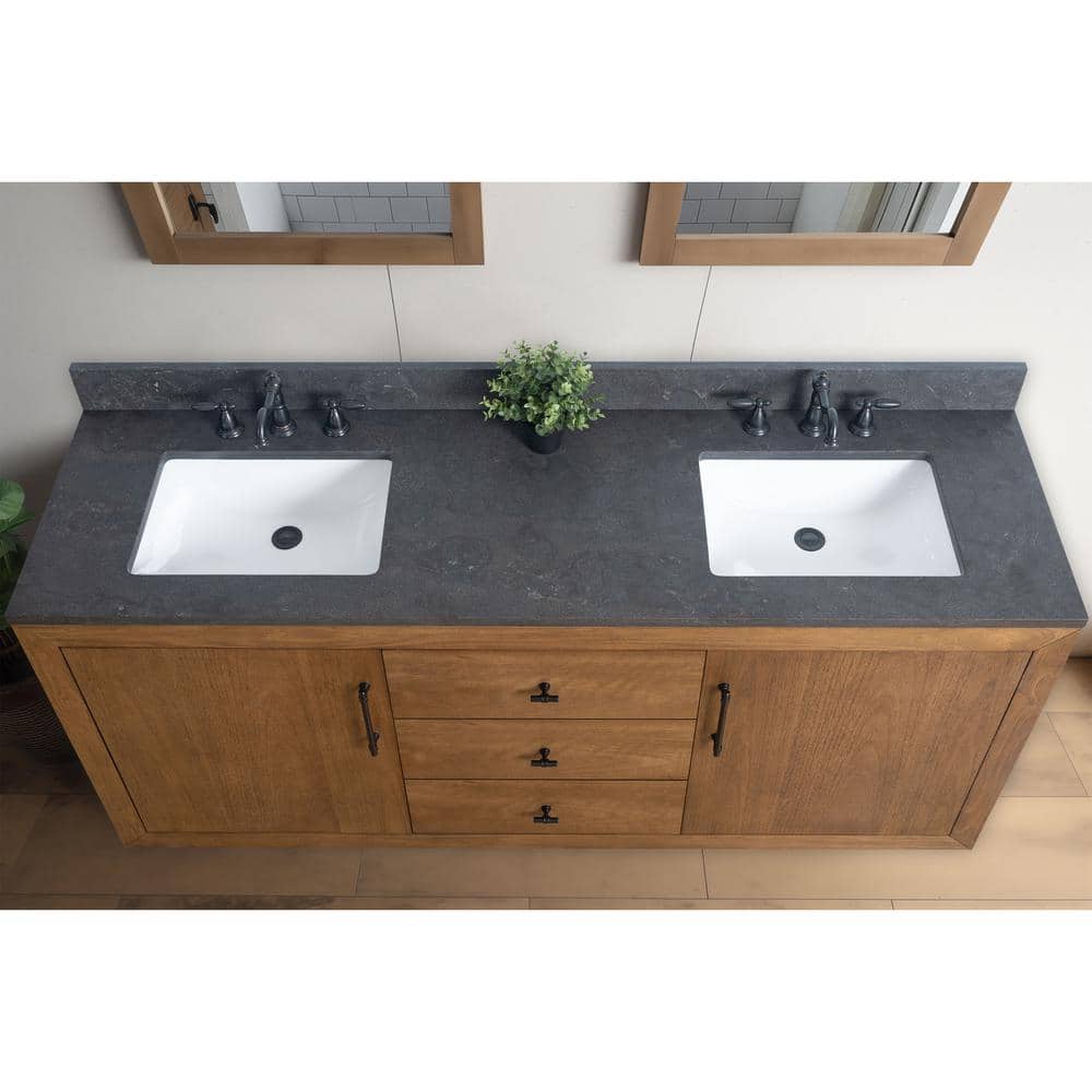 72" Tan and Black Limestone Double Sink Bathroom Vanity