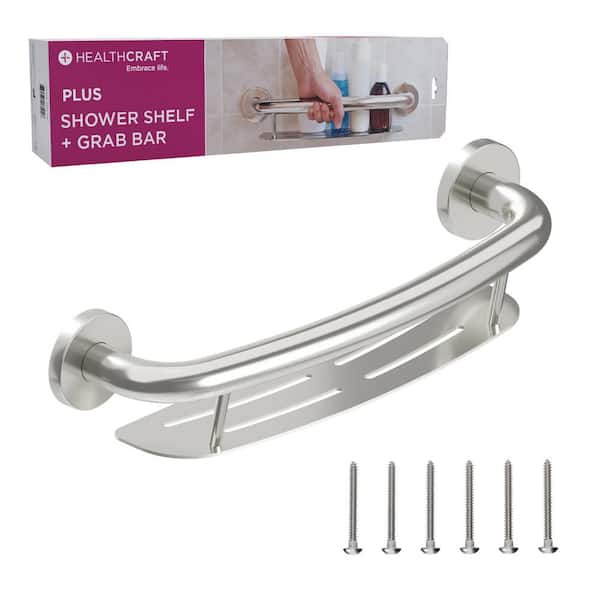 HEALTHCRAFT Plus 16 in. Concealed Screw Grab Bar And Shampoo Shelf, 2-In-1 Decorative Grab Bar, ADA Compliant in Brushed Steel