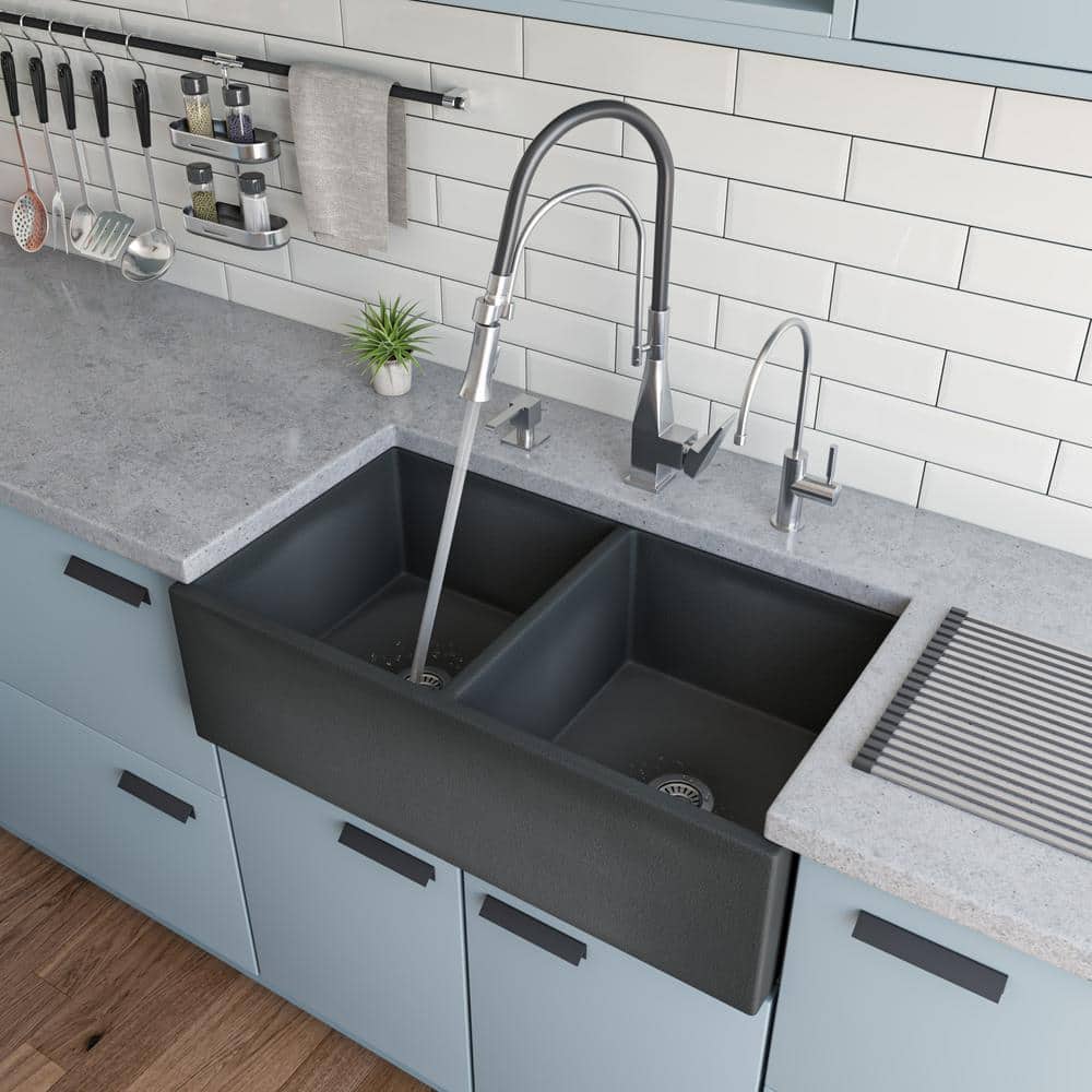 Alfi Brand ABCO3318DB 33 in. Concrete Color Reversible Double Fireclay Farmhouse Kitchen Sink
