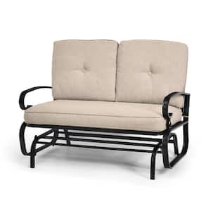 Metal Swing Glider Chair Rocking Loveseat Patio Bench for 2-Persons with Beige Cushions