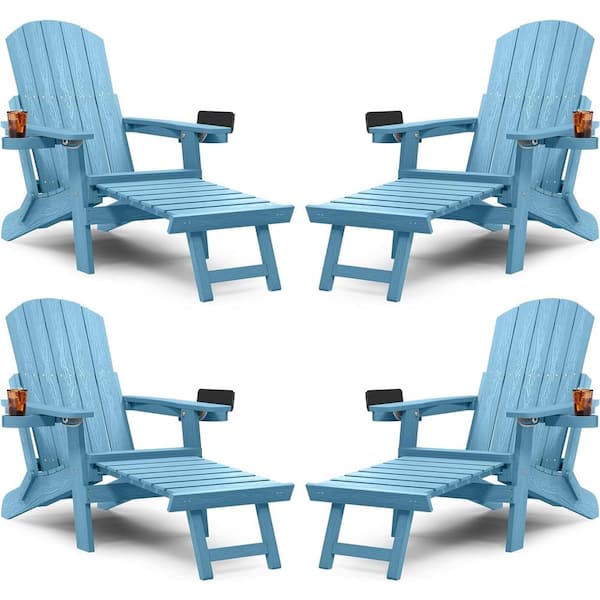Blue Outdoor Folding Adirondack Chair with Integrated Pullout Ottoman and Cup Holder (4-Pack)