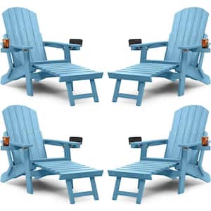 Blue Outdoor Folding Adirondack Chair with Integrated Pullout Ottoman and Cup Holder (4-Pack)