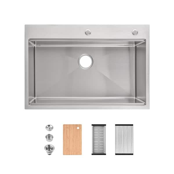 TMS 33 in. L x 22 in. W Drop-in/Undermount Single Bowl Stainless Steel Kitchen Sink with Cutting Board and Colander