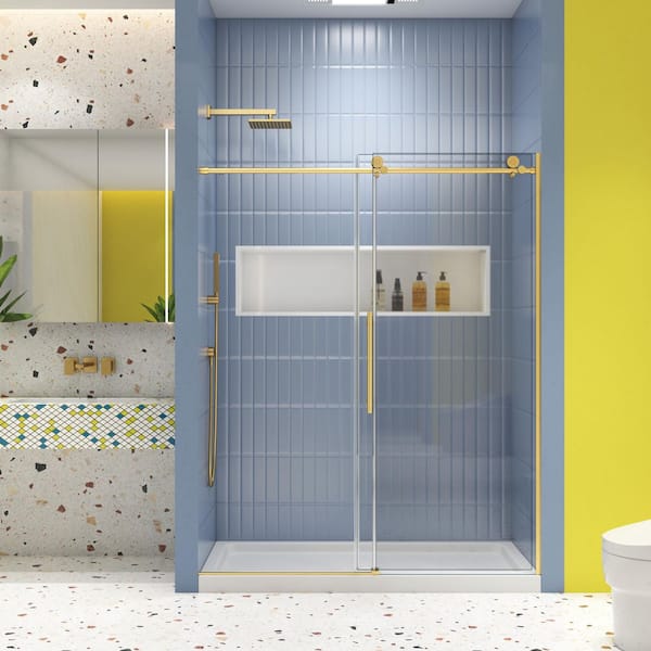 60 in. W x 74 in. H Sliding Frameless Shower Door in Brushed Gold Finish with Clear Glass