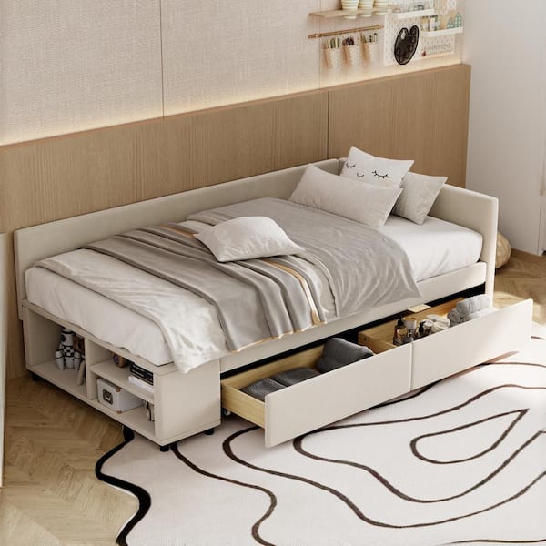 L-Shaped Beige Twin Size Velvet Upholstered Daybed Bed with 2 Drawers and Built-in Side Storage