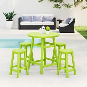Laguna 5-Piece Counter Height HDPE Plastic Outdoor Patio Round High Top Bistro Dining Set in Lime