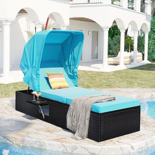 Unbranded 76.8 in. Reclining Single Wicker Outdoor Chaise Lounge with Blue Cushions, Canopy and Cup Table