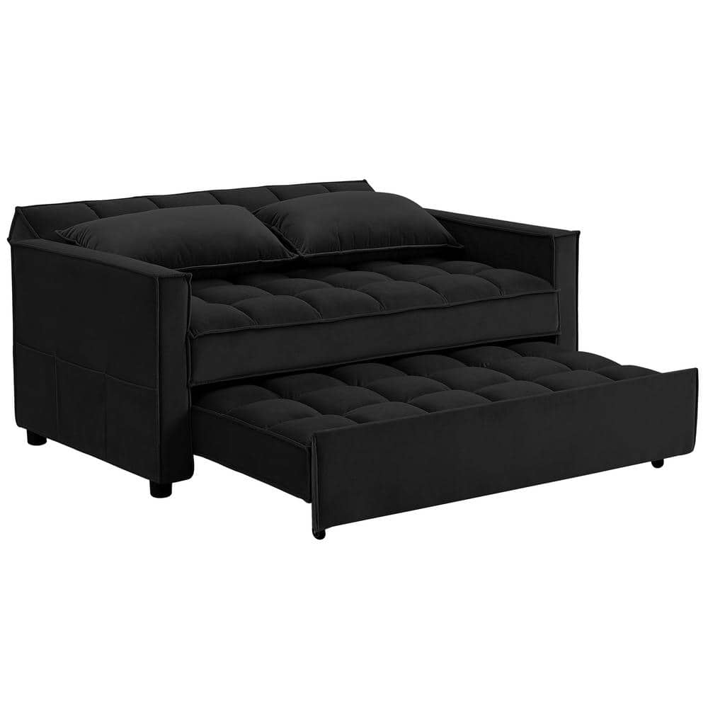 KINWELL 58 in. Black Velvet Full Size Tufted Soft Convertible Pull Out