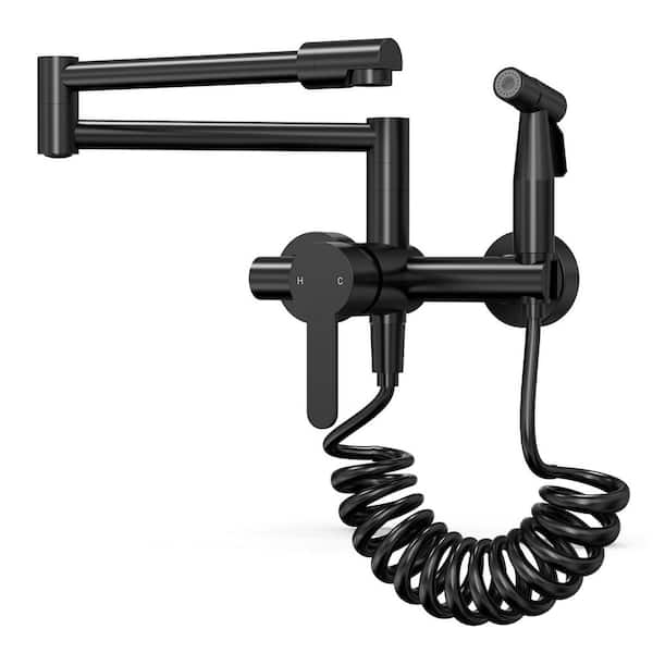 16.5 in. 1-Handle 360° Swing Wall Mounted Pot Filler Kitchen Faucet with Retractable Handheld Spray in Matte Black