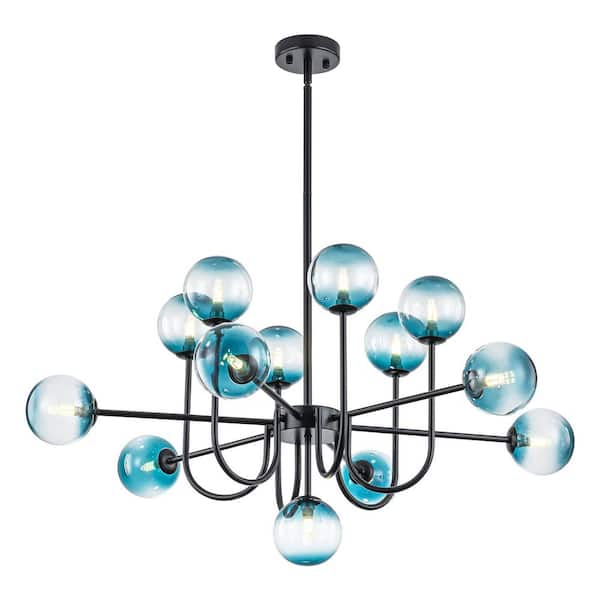 Isaiah 13-Light Matte Black Mid-Century Modern Linear Sputnik Gradient Blue Glass Globe Bubble Chandelier