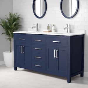 Beckett 60 in. W x 22 in. D x 35 in. H Double Sink Bathroom Vanity in Dark Blue with Carrara Cultured Marble Top