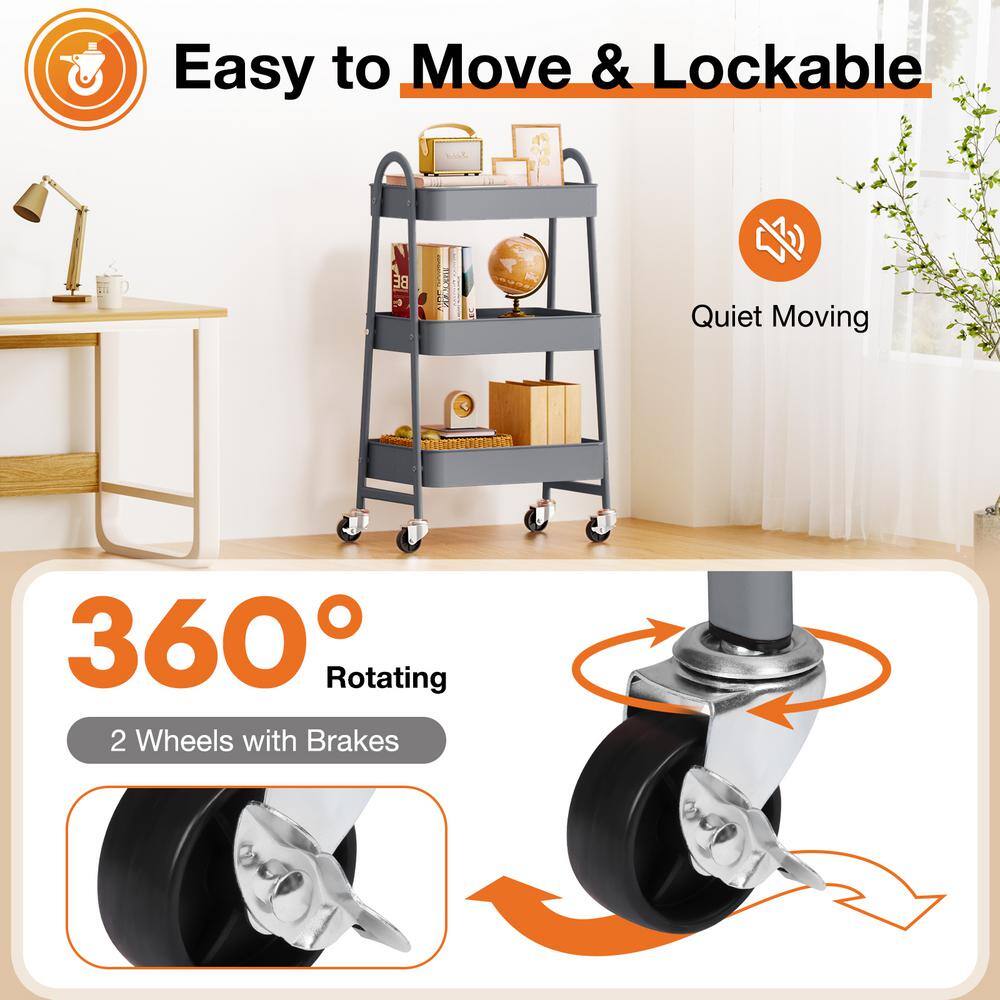 Gray Metal 3-Tier Rolling Kitchen Storage Cart
