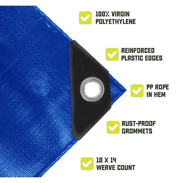 100 ft. x 100 ft. Blue 8 Mil Heavy Duty Polyethylene Tarp, Waterproof, UV Resistant, Rip and Tear Proof