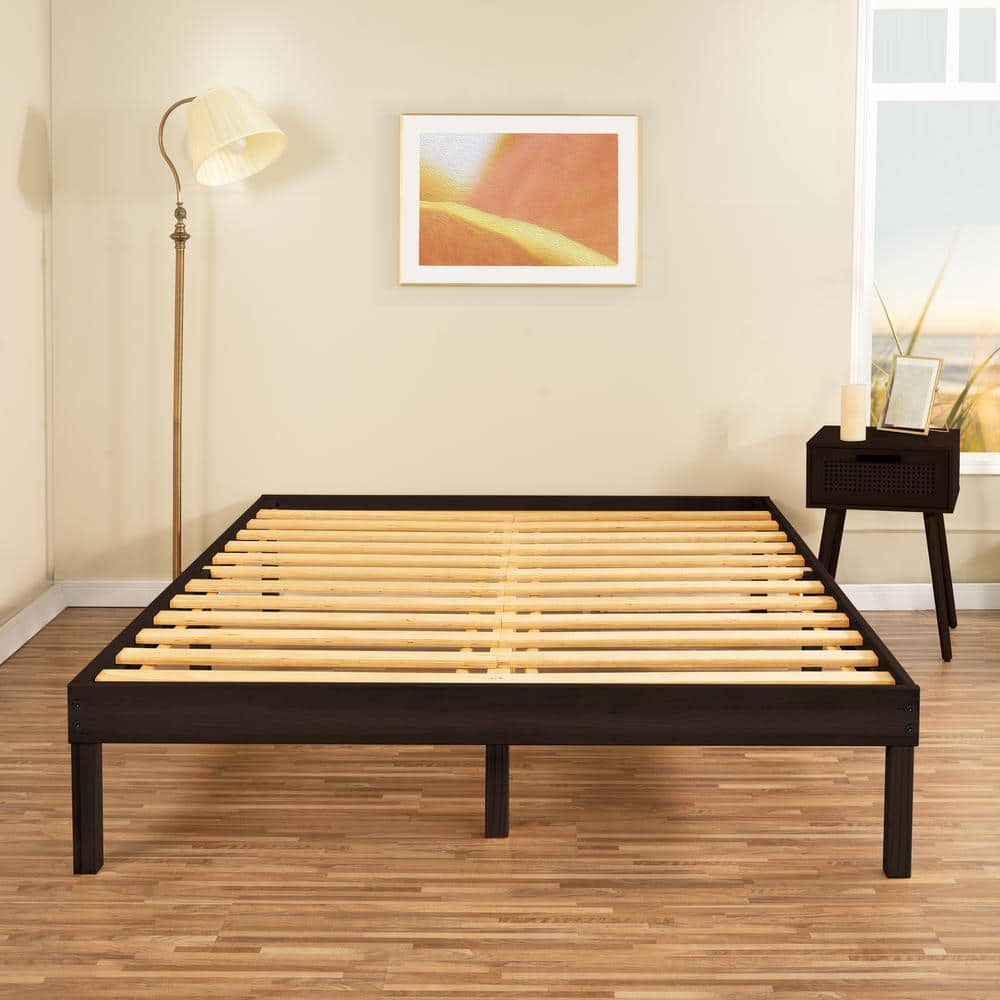 HOMESTOCK 14 In. Espresso Full Solid Wood Platform Bed With Wooden ...