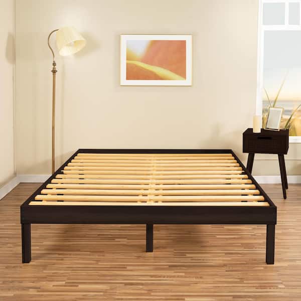 HOMESTOCK 14 in. Espresso Full Solid Wood Platform Bed with Wooden Slats