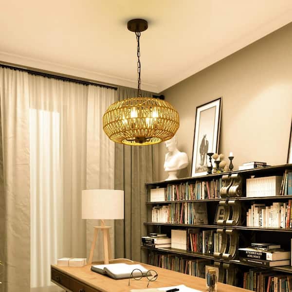 4-Light Farmhouse Height Adjustable Chandelier Pendant with Woven Lampshade Living Room Kitchen Island Brown Plus Black