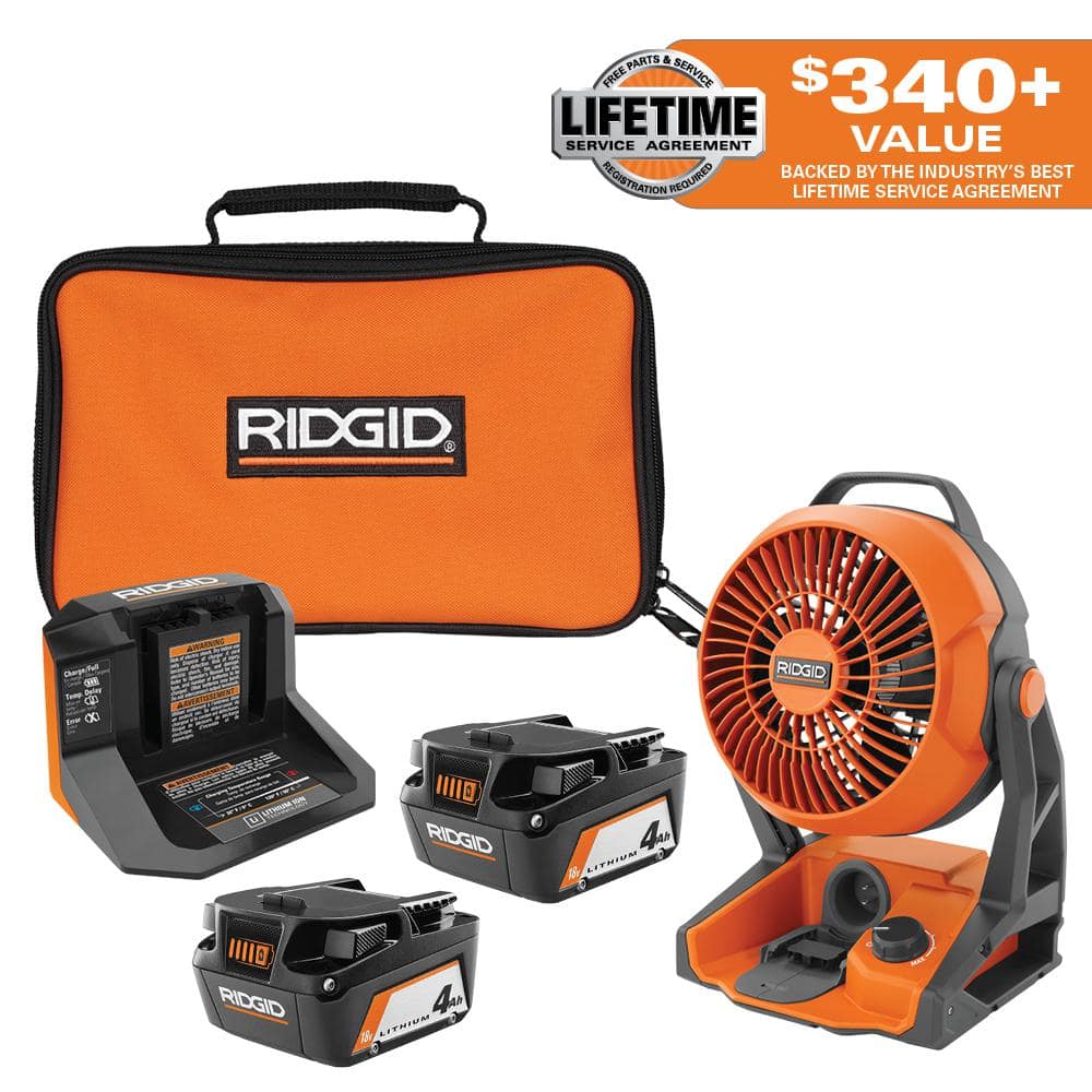 RIDGID 18V (2) 4.0 Ah Batteries and Charger Kit with 18V Hybrid Fan (AC93044R860721)