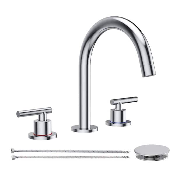 8 in. Widespread Double Handle High-Arc Bathroom Faucet Water-Saving with Drain Kit in Polished Chrome
